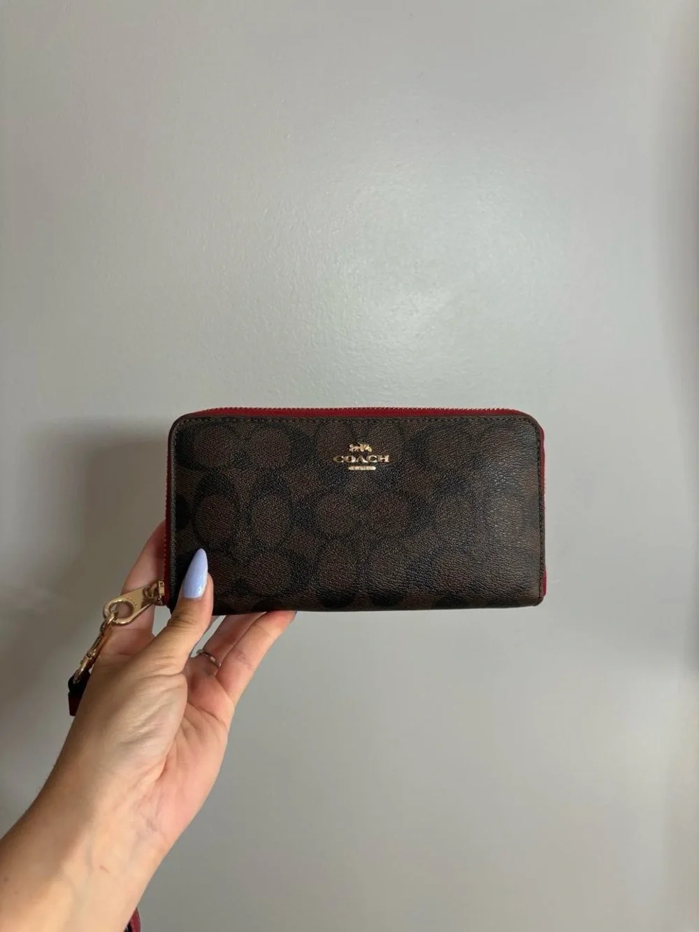 Coach Brown Signature Tote and Matching Wallet with Red Handles